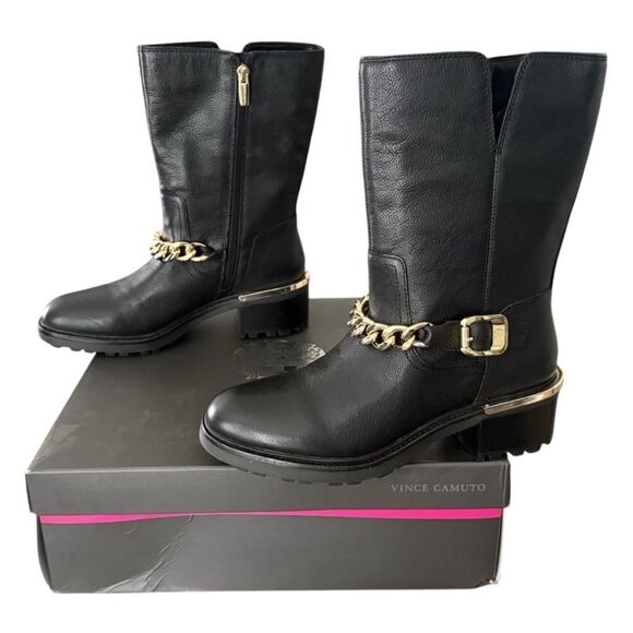 Vince Camuto Keshia Moto Black Butter Calf Leather Boots with Gold Chain - Picture 3 of 10